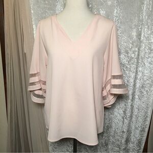 Shy Velvet Soft Pink V-Neck tunic blouse with bell Sleeves - Size M